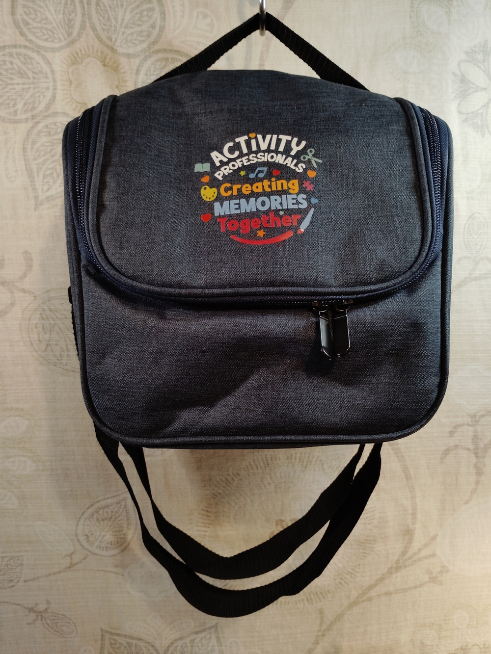 Blue Insulated Lunch Tote Bag with Top Handle, Shoulder Strap And Lettering